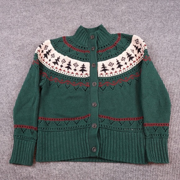L.L. Bean Sweaters - LL Bean Cardigan Sweater Womens Medium Green Fisherman Fair Isle Cable Knit